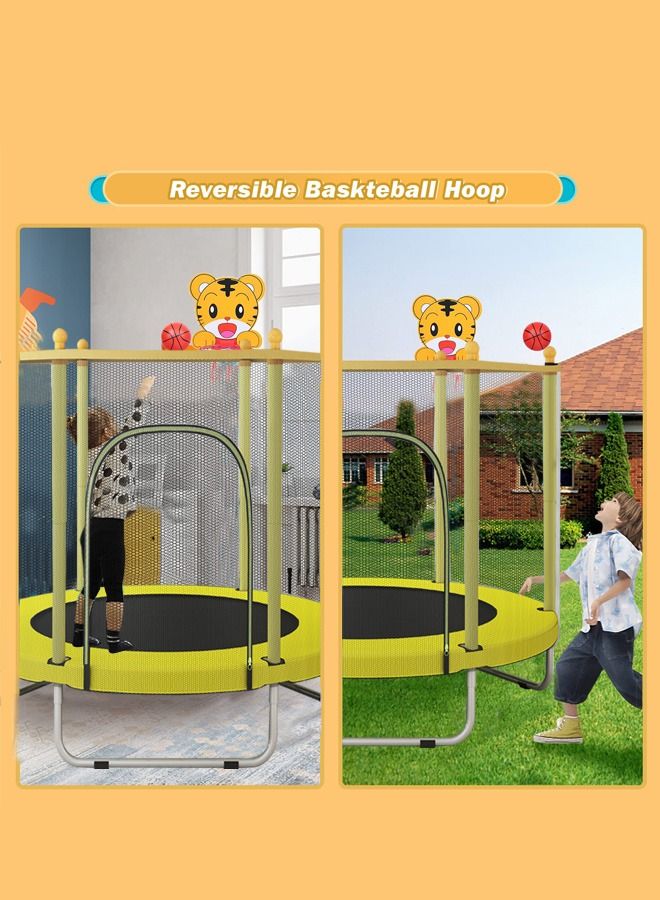 Indoor outdoor 140cm trampoline for kids, toddler trampoline with safety enclosure net, mini baby trampoline with basketball hoop, trampoline jumping mat birthday gifts for children boy girl