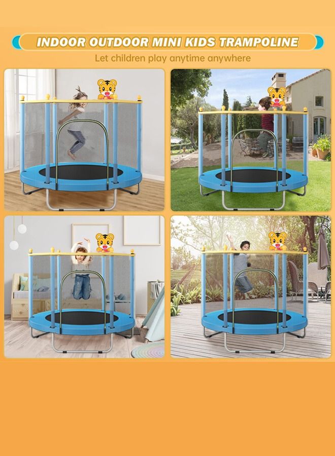 Indoor outdoor 140cm trampoline for kids, with safety enclosure net, mini baby trampoline with basketball hoop, trampoline jumping mat birthday gifts for children boy girl