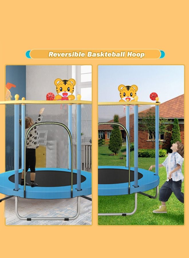 Indoor outdoor 140cm trampoline for kids, with safety enclosure net, mini baby trampoline with basketball hoop, trampoline jumping mat birthday gifts for children boy girl