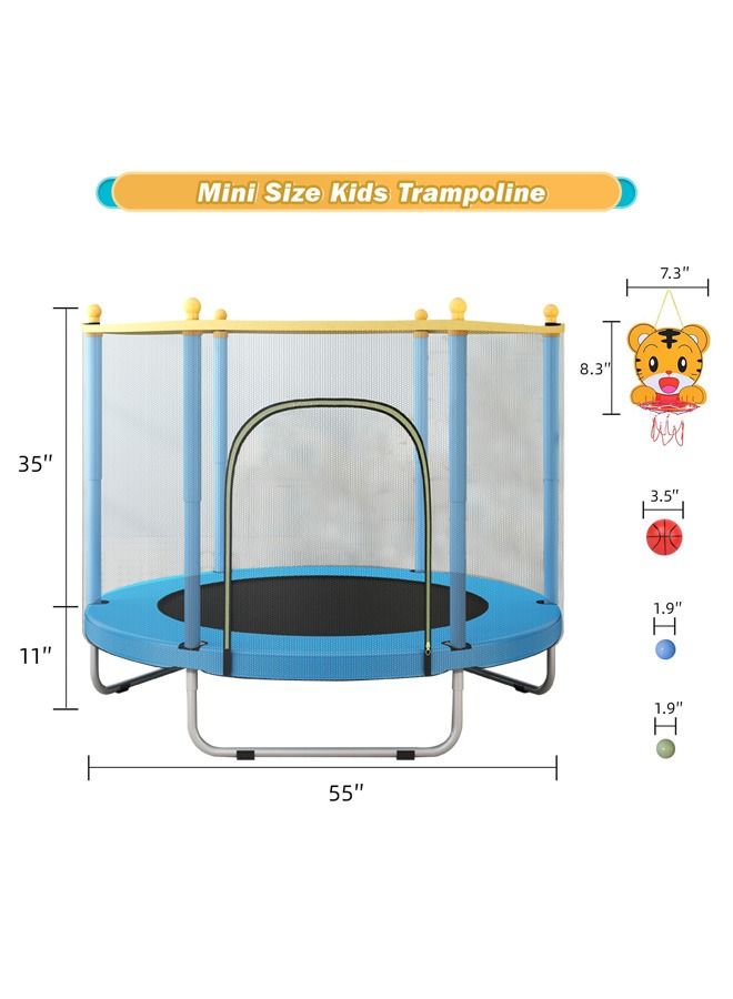 Indoor outdoor 140cm trampoline for kids, with safety enclosure net, mini baby trampoline with basketball hoop, trampoline jumping mat birthday gifts for children boy girl