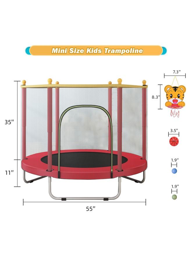 Indoor outdoor 140cm trampoline for kids, toddler trampoline with safety enclosure net, mini baby trampoline with basketball hoop, trampoline jumping mat birthday gifts for children boy girl