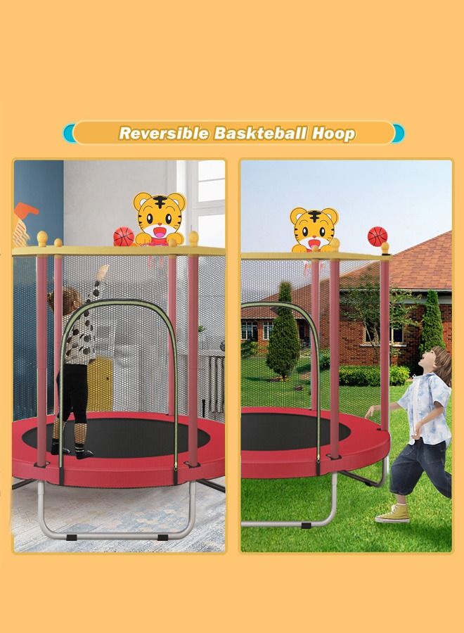 Indoor outdoor 140cm trampoline for kids, toddler trampoline with safety enclosure net, mini baby trampoline with basketball hoop, trampoline jumping mat birthday gifts for children boy girl