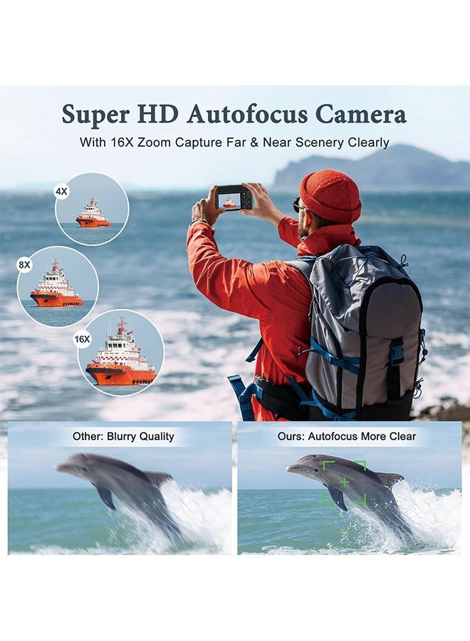 4K Digital Camera, 64MP Rear and Front Camera for Photography and Video Autofocus Anti-Shake, 3'' Selfie Flip Vlogging Camera with Ultra Bright Flash, Camera with Dial 16X Zoom (2 Batteries+Charger)