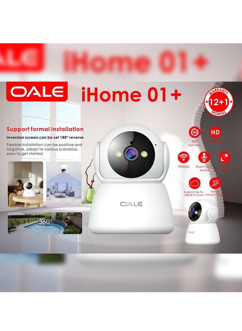 OALE iHome 01 Smart Home Security Camera White, Dual Track Audio Support, Night Vision, Motion Detect Security Camera, 360 Full View Two Way Real Time Voice Calling.