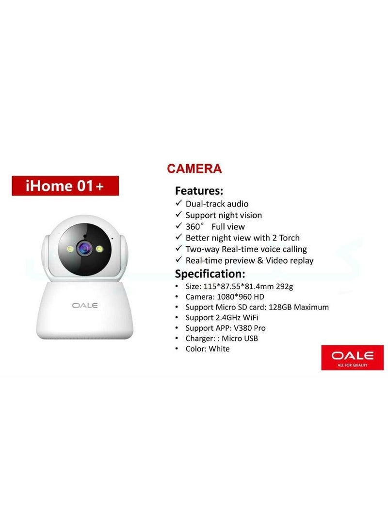 OALE iHome 01 Smart Home Security Camera White, Dual Track Audio Support, Night Vision, Motion Detect Security Camera, 360 Full View Two Way Real Time Voice Calling.