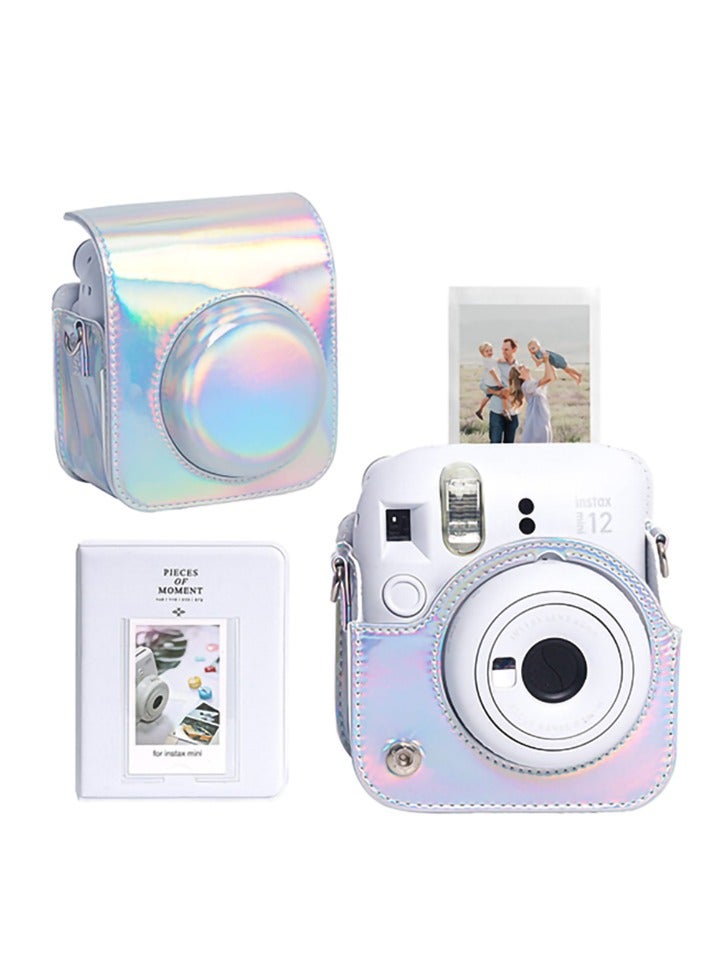 Case for Fujifilm Instax Mini 12 Camera Protective PU Leather Bag Cover with Adjustable Shoulder Strap and Mini Photo Album 64 Pockets (Shiny Silver)