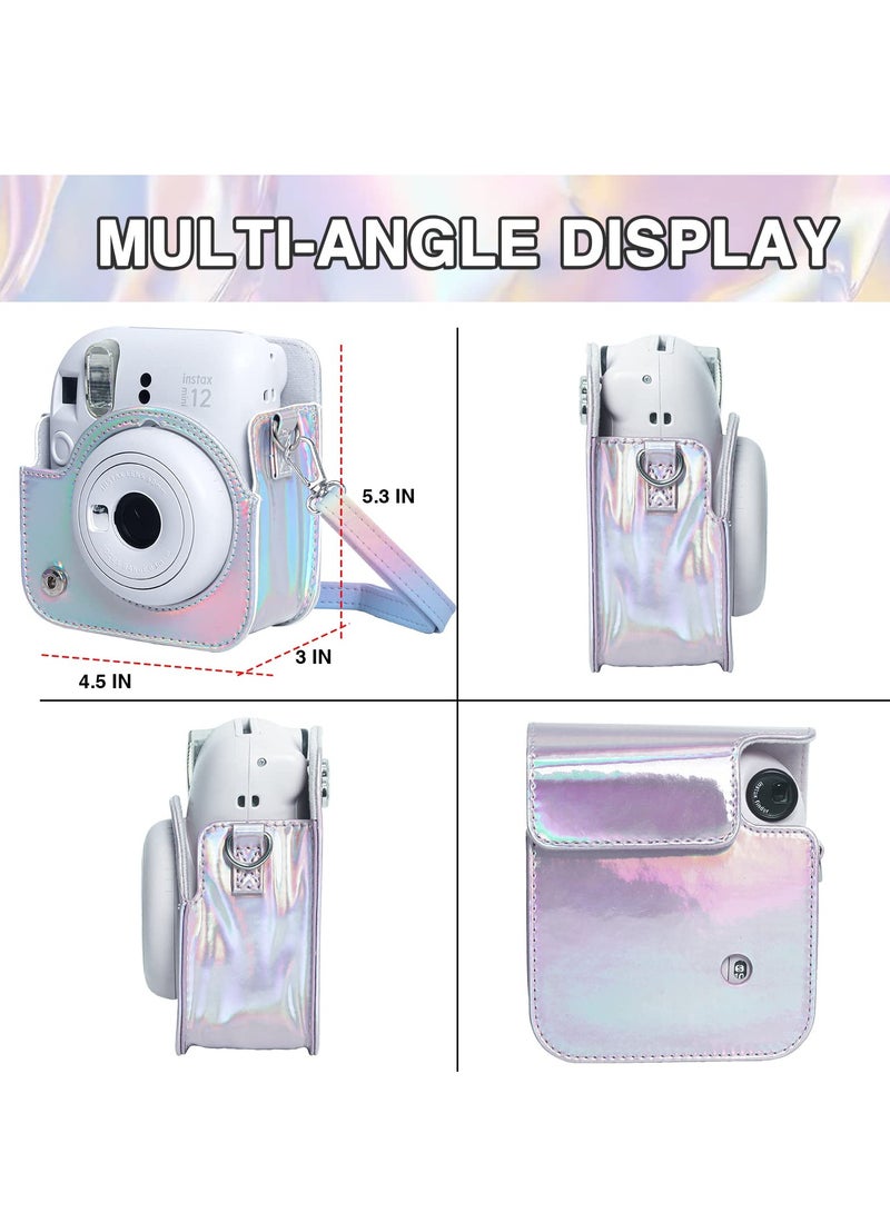 Case for Fujifilm Instax Mini 12 Camera Protective PU Leather Bag Cover with Adjustable Shoulder Strap and Mini Photo Album 64 Pockets (Shiny Silver)