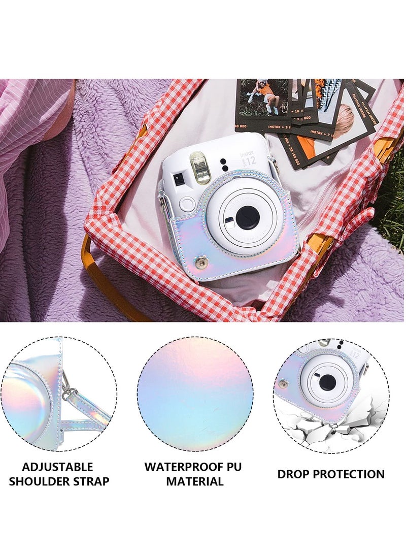 Case for Fujifilm Instax Mini 12 Camera Protective PU Leather Bag Cover with Adjustable Shoulder Strap and Mini Photo Album 64 Pockets (Shiny Silver)