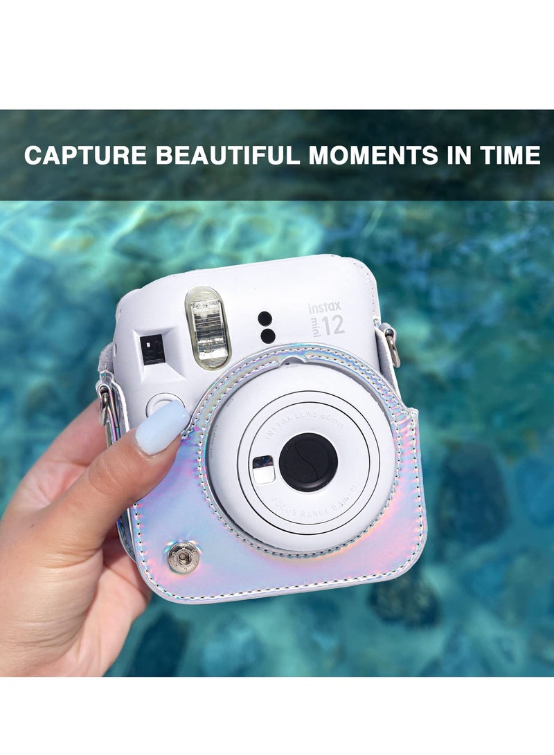 Case for Fujifilm Instax Mini 12 Camera Protective PU Leather Bag Cover with Adjustable Shoulder Strap and Mini Photo Album 64 Pockets (Shiny Silver)