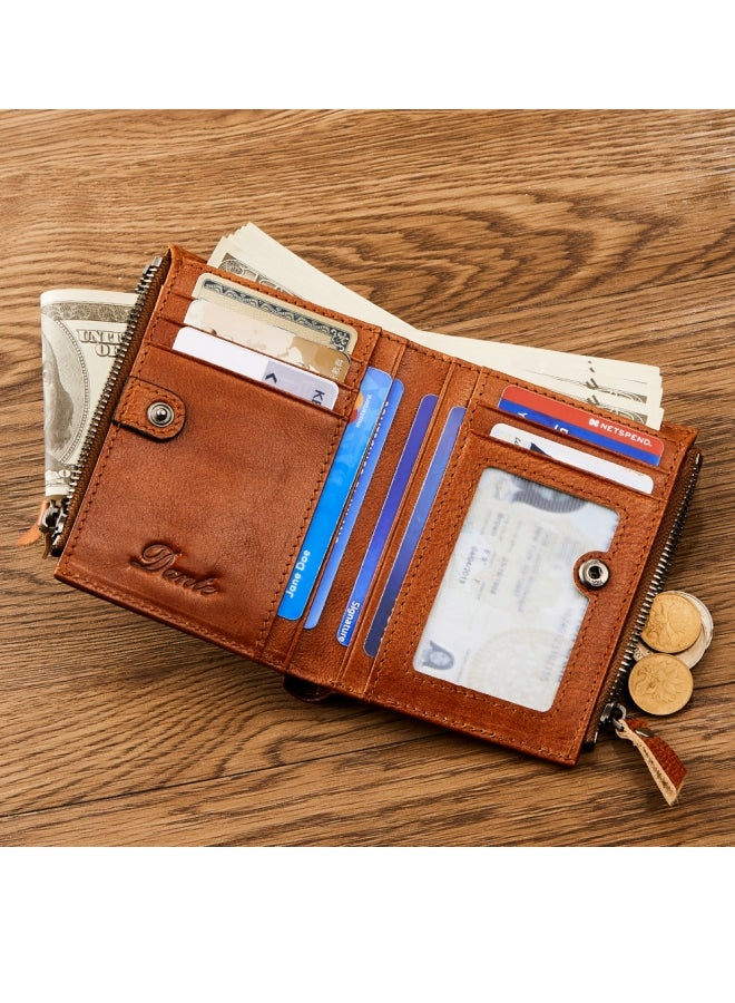Cowhide RFID Anti-theft Card Swiping Wallet, Driver's License Chain Zipper Coin Purse Black