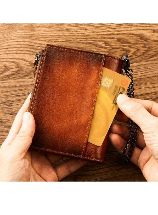 Cowhide RFID Anti-theft Card Swiping Wallet, Driver's License Chain Zipper Coin Purse Black