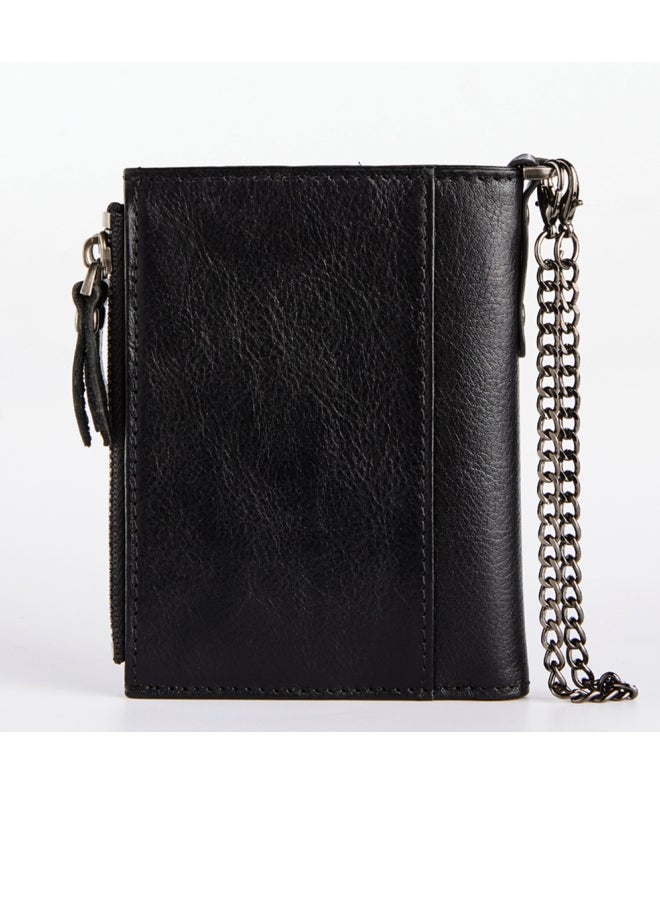 Cowhide RFID Anti-theft Card Swiping Wallet, Driver's License Chain Zipper Coin Purse Black