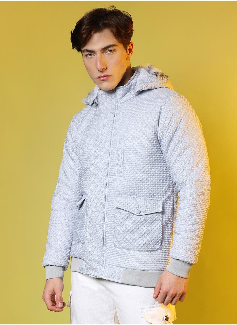 Men's Moon Grey Self-Design Rhombus Puffer Jacket