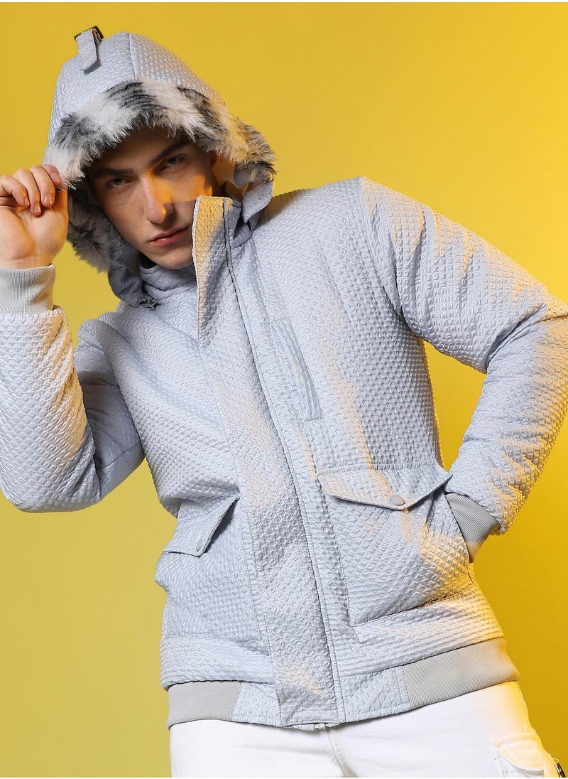 Men's Moon Grey Self-Design Rhombus Puffer Jacket