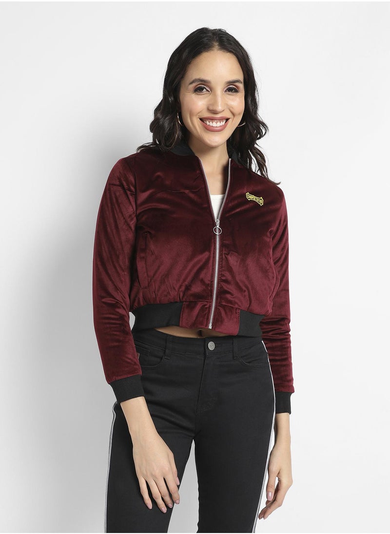 Women's Maroon Velvet Bomber Jacket With Ribbed Hem