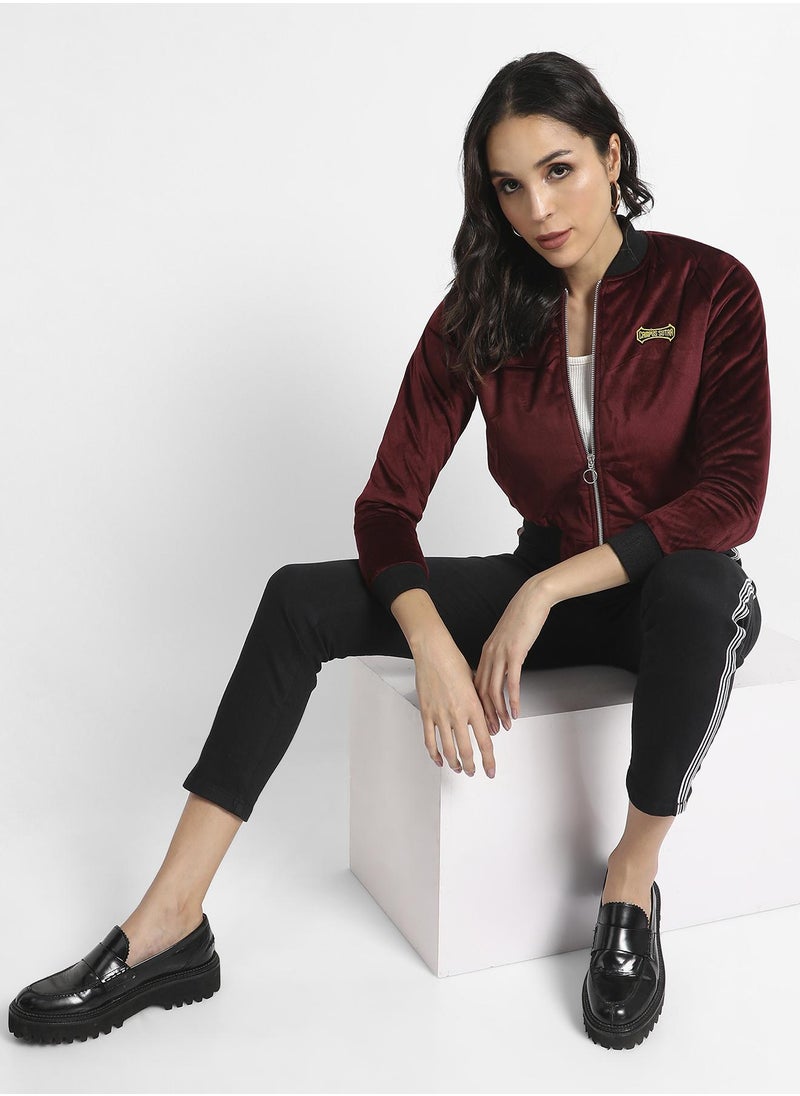 Women's Maroon Velvet Bomber Jacket With Ribbed Hem