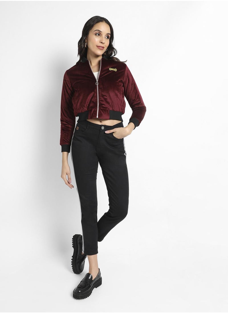 Women's Maroon Velvet Bomber Jacket With Ribbed Hem