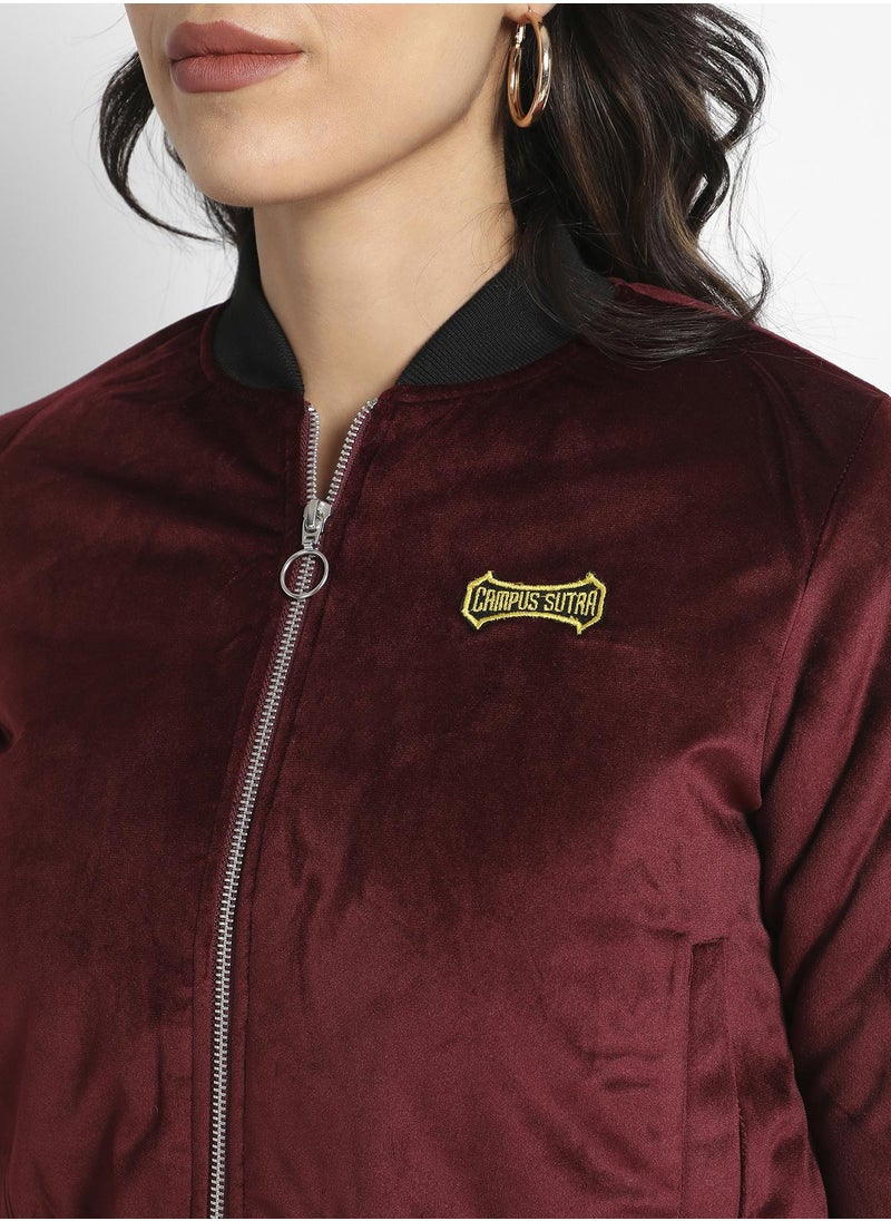 Women's Maroon Velvet Bomber Jacket With Ribbed Hem