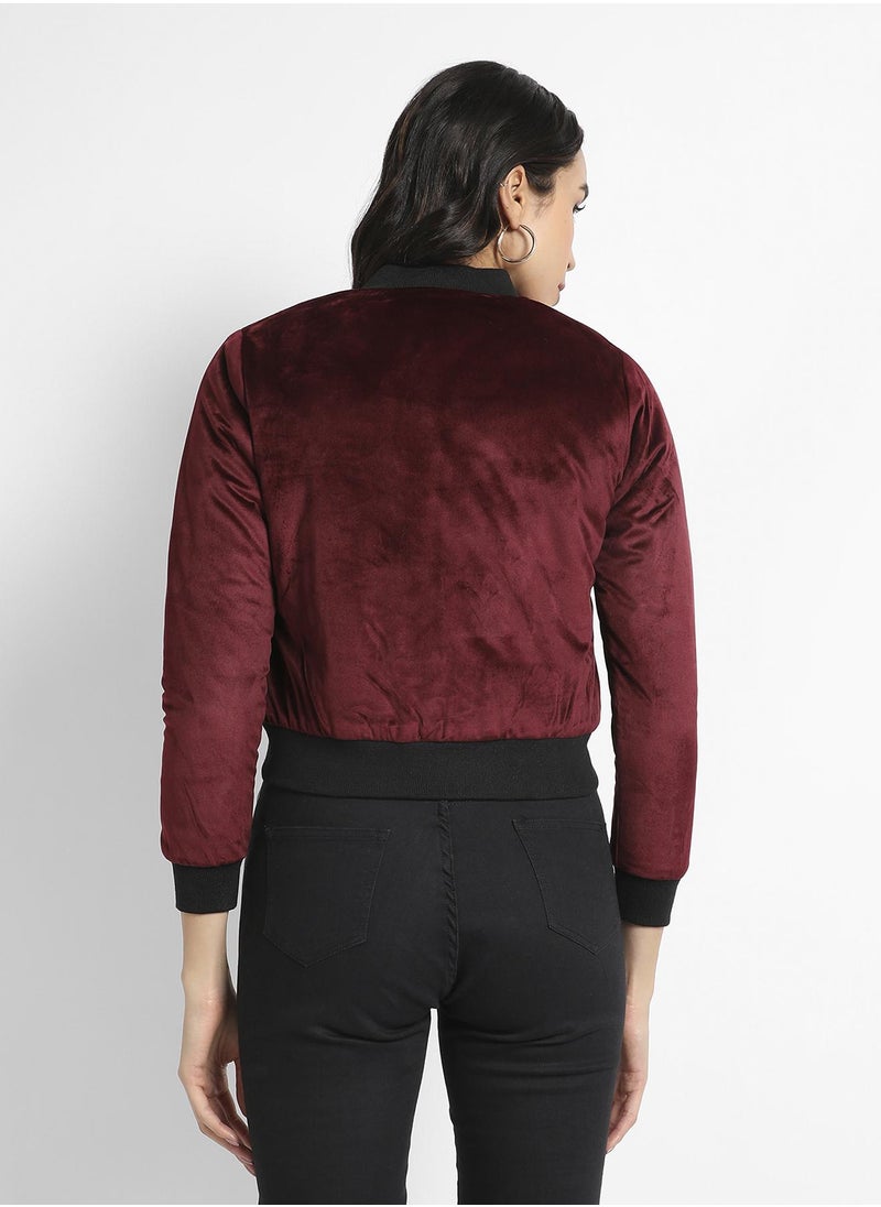 Women's Maroon Velvet Bomber Jacket With Ribbed Hem