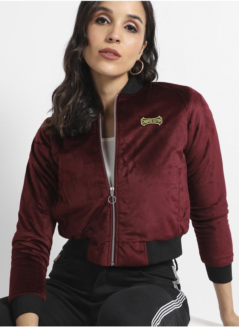 Women's Maroon Velvet Bomber Jacket With Ribbed Hem