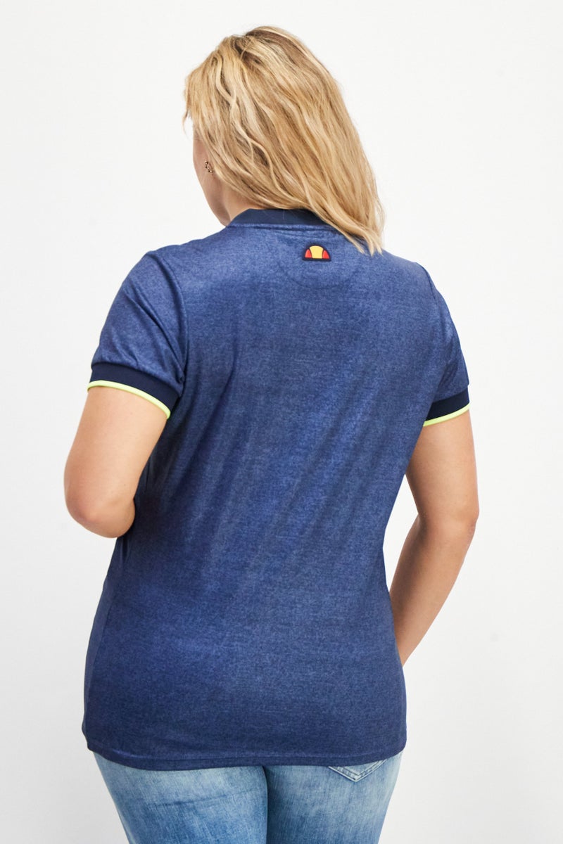 Women Stand Collar Short Sleeve Logo Top, Navy