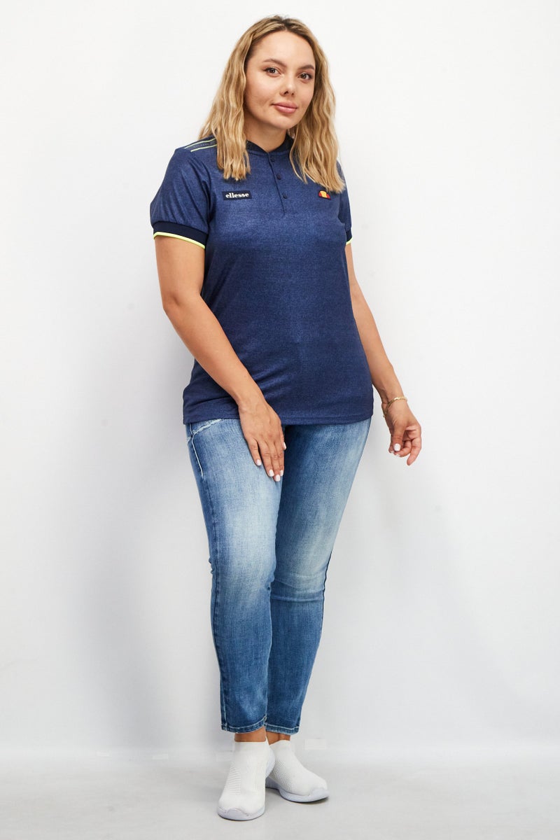 Women Stand Collar Short Sleeve Logo Top, Navy