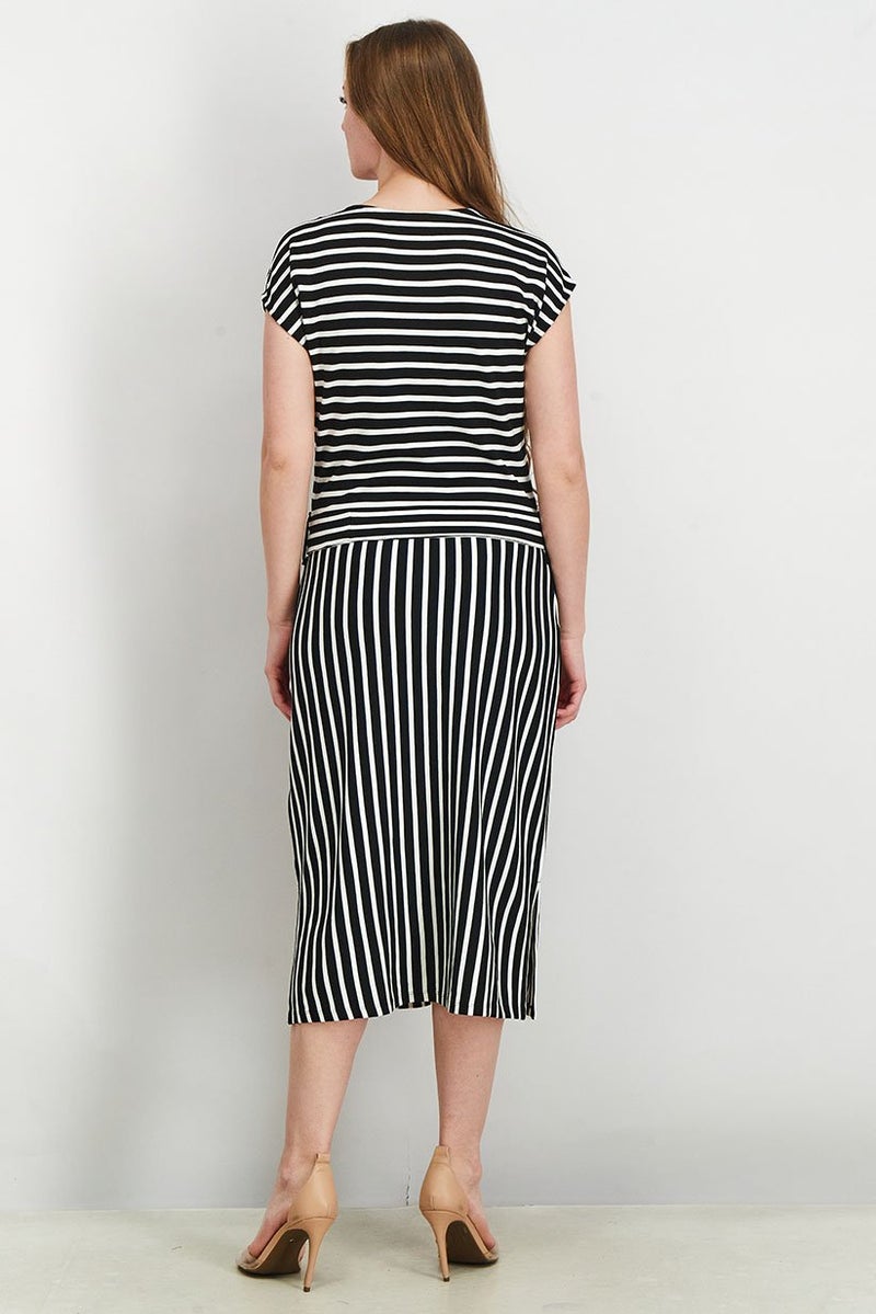 Women Tie Waist Stripe Midi Dress, Black/White