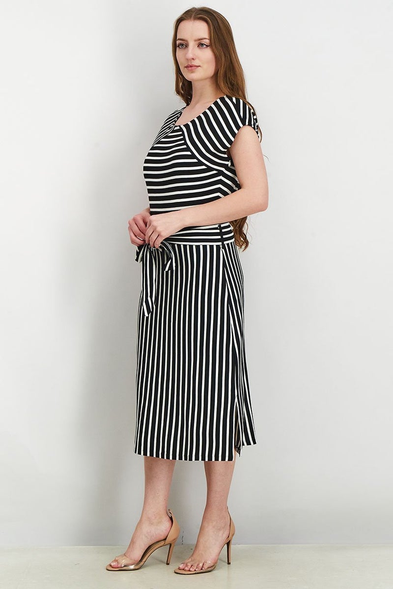 Women Tie Waist Stripe Midi Dress, Black/White