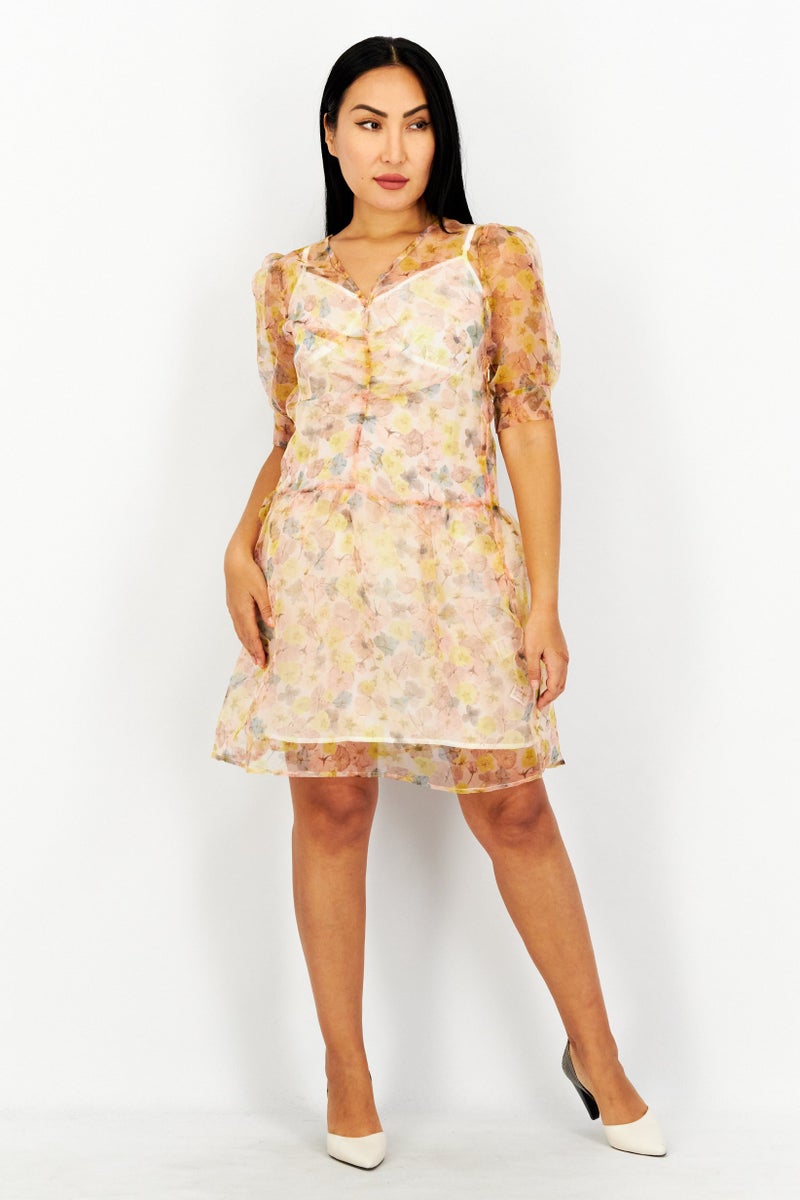 Women V Neck Short Sleeves Printed Organza Mini Dress, Floral