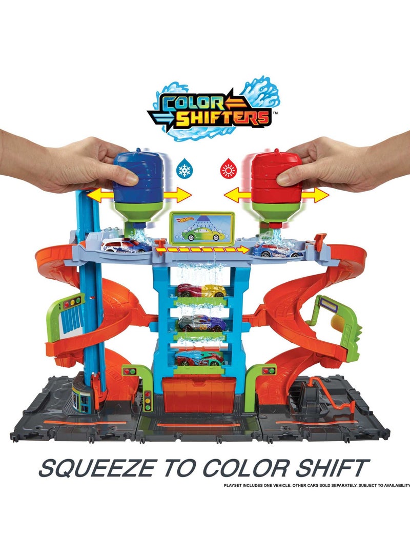 City Mega Car Wash Playset with 1 Toy Color Shifters Car in 1:64 Scale