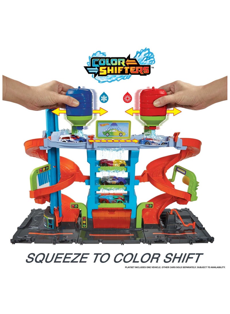 City Mega Car Wash Playset with 1 Toy Color Shifters Car in 1:64 Scale