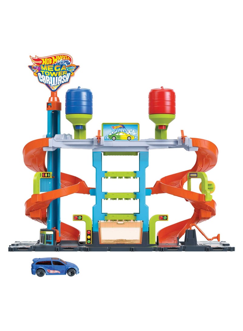 City Mega Car Wash Playset with 1 Toy Color Shifters Car in 1:64 Scale