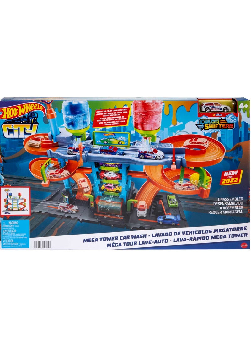 City Mega Car Wash Playset with 1 Toy Color Shifters Car in 1:64 Scale