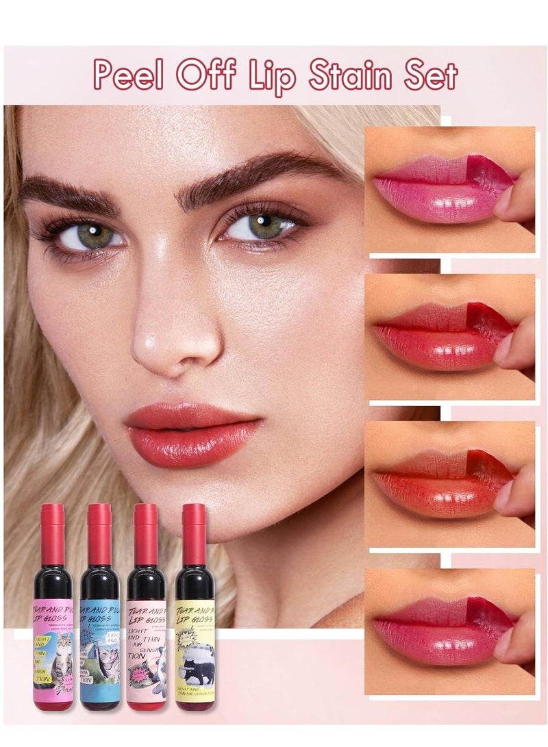 4Pcs Peel Off Lip Liner Stain Set Matte Tint Tattoo Long Lasting Peeling Lipstain Gloss,High Pigmented Lightweight Non-Stick Liquid Lipstick Makeup Gift Set