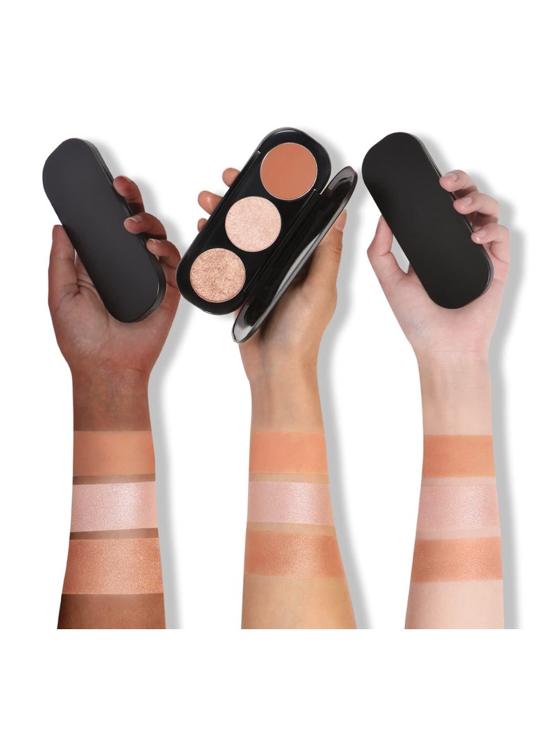 3-in-1 Blush and Highlighter Palette, Cruelty-Free Matte Blush and Shimmering Highlighters for a Radiant Glow, Perfect Makeup Powder for All Skin Tones.