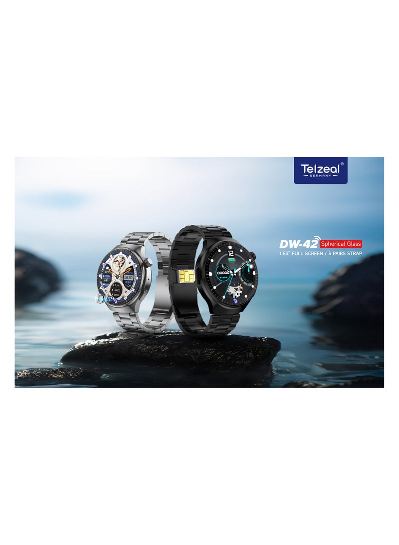 Telzeal Germany DW-42 4GB+64GB,  1.53 Inch Full Curved Display, 4G Smart Watch,With Sim Slot,Front Camera and 3 Pair Straps For Gents and Boys