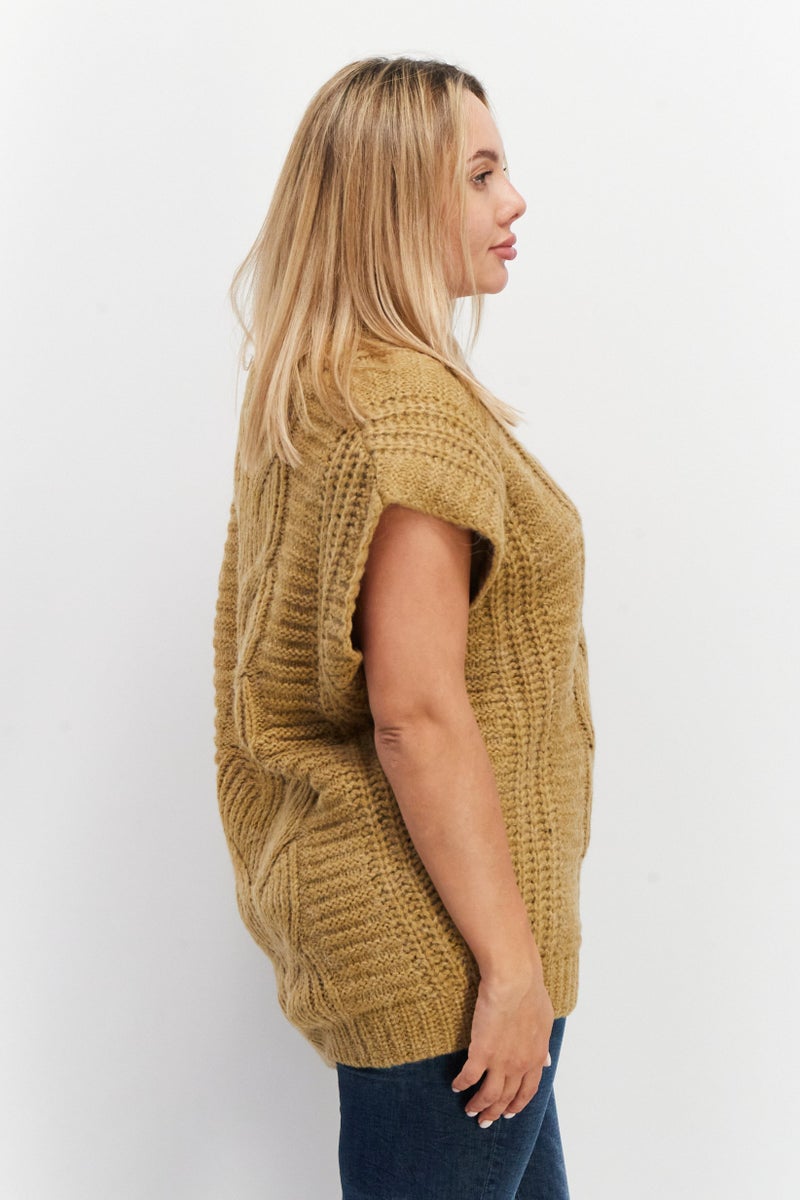 Women V-Neck Crochet Vest Sweater, Beige