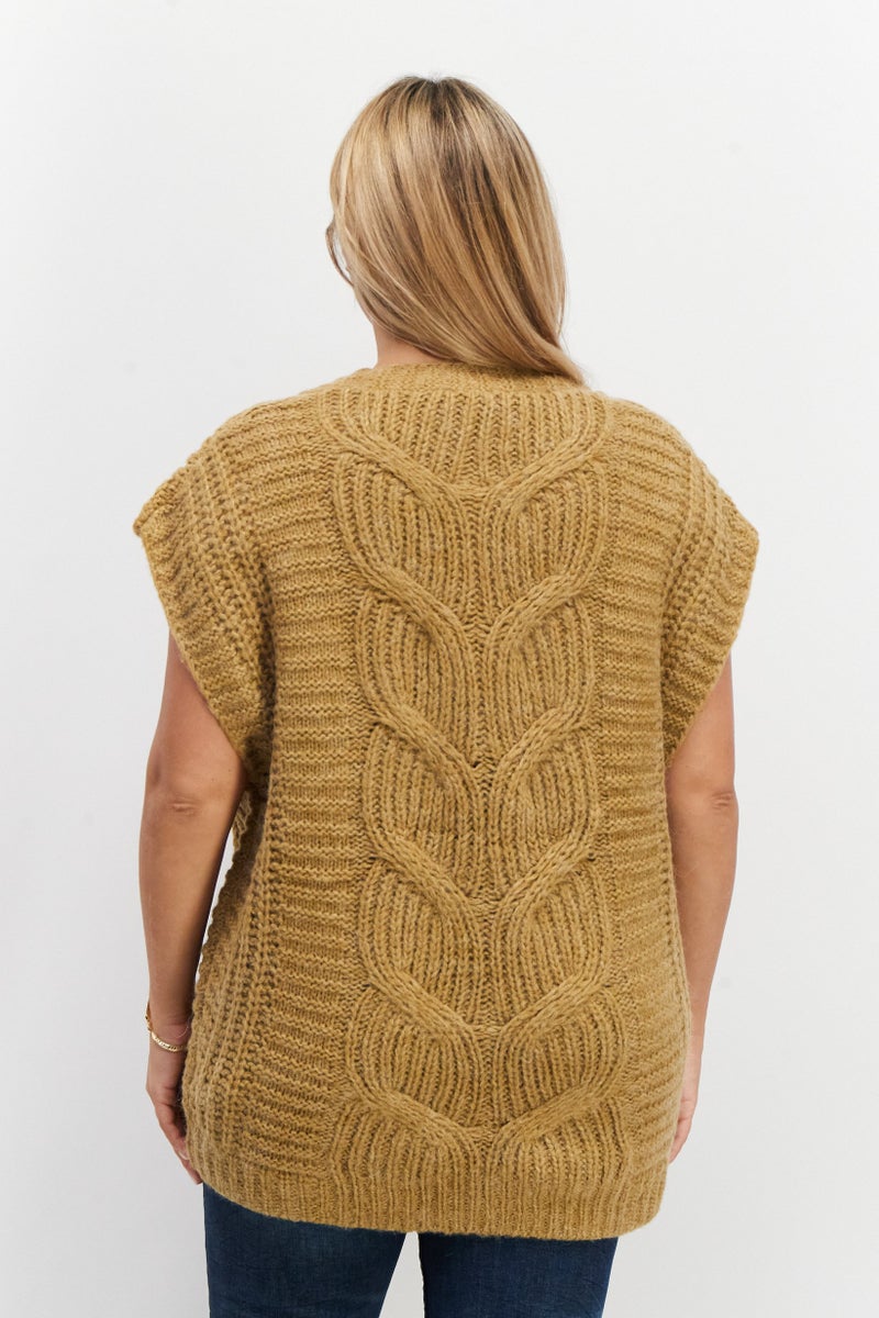 Women V-Neck Crochet Vest Sweater, Beige