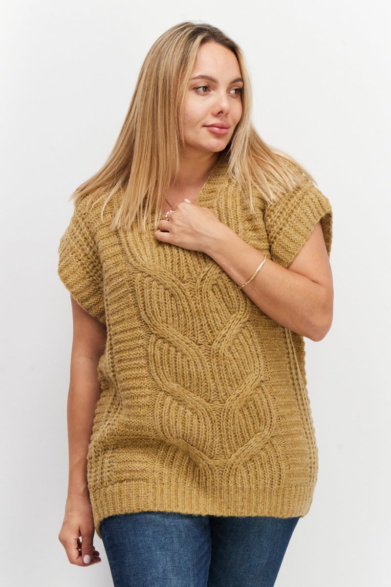 Women V-Neck Crochet Vest Sweater, Beige