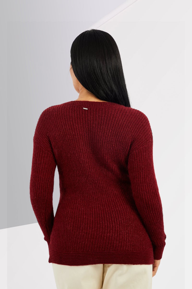 Women Round Neck Knitted Long Sleeve Sweater, Maroon
