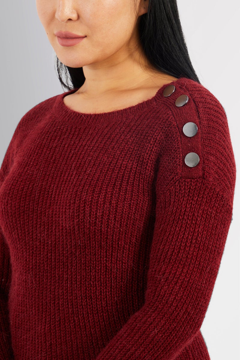 Women Round Neck Knitted Long Sleeve Sweater, Maroon