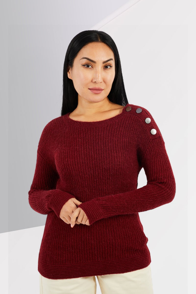 Women Round Neck Knitted Long Sleeve Sweater, Maroon