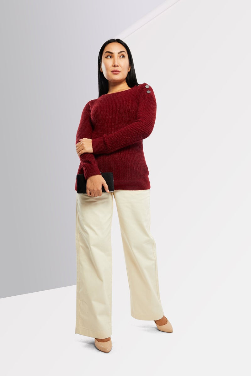Women Round Neck Knitted Long Sleeve Sweater, Maroon