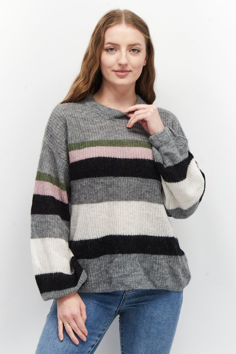 Women Crew Neck Long Sleeve Colorblock Sweater, Grey Combo