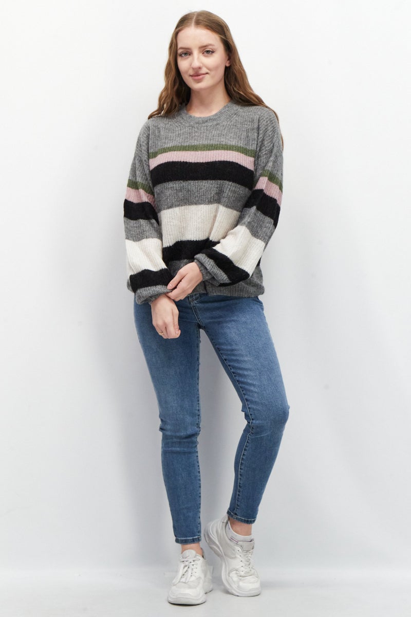 Women Crew Neck Long Sleeve Colorblock Sweater, Grey Combo