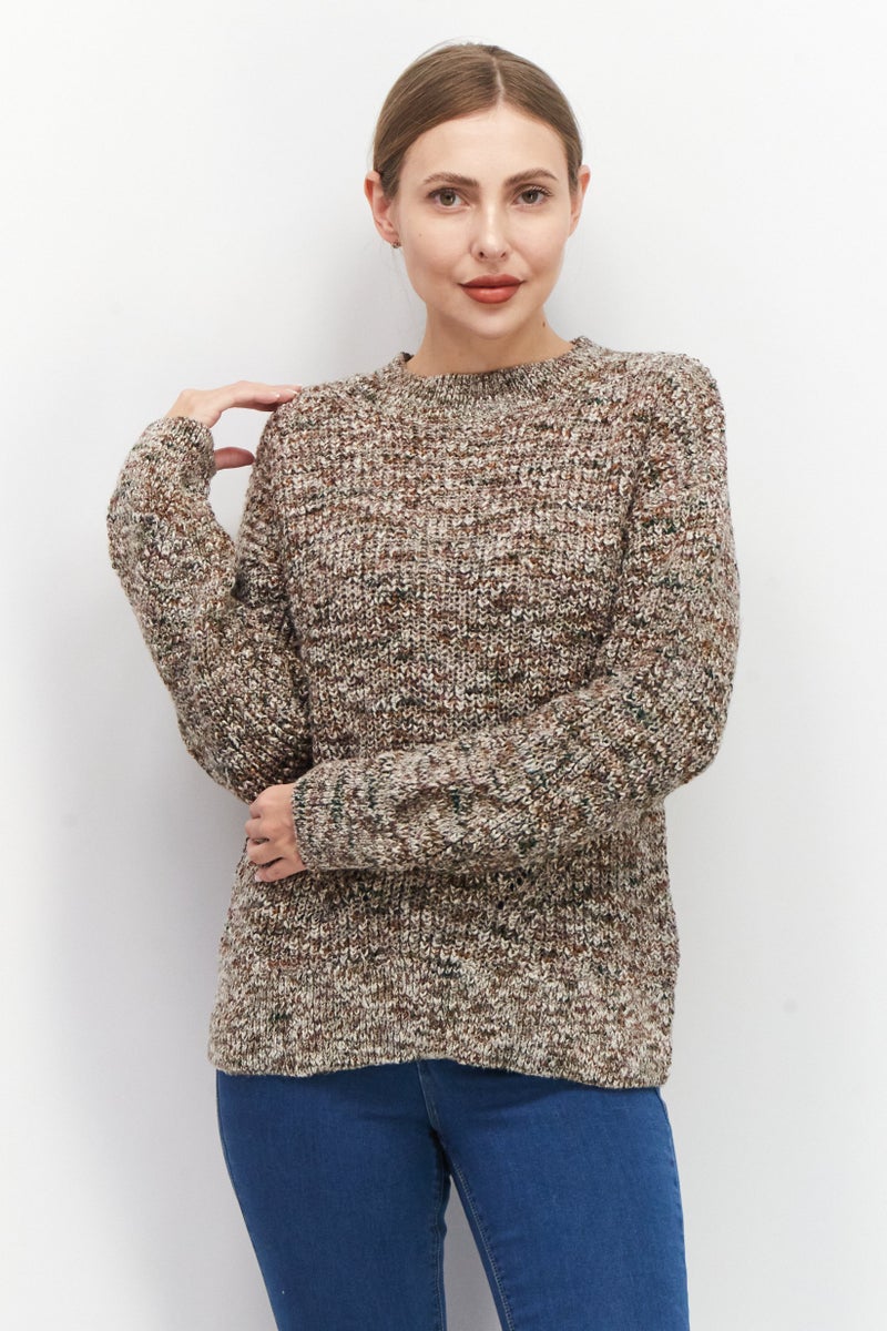 Women Mock Neck Long Sleeve Knitted Sweater, Brown Combo