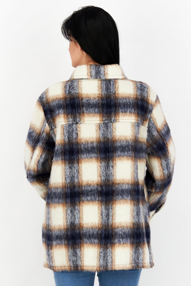 Women Spread Collar Plaid Sweater, Navy/White