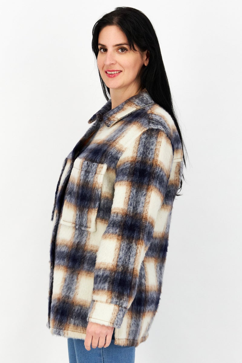 Women Spread Collar Plaid Sweater, Navy/White