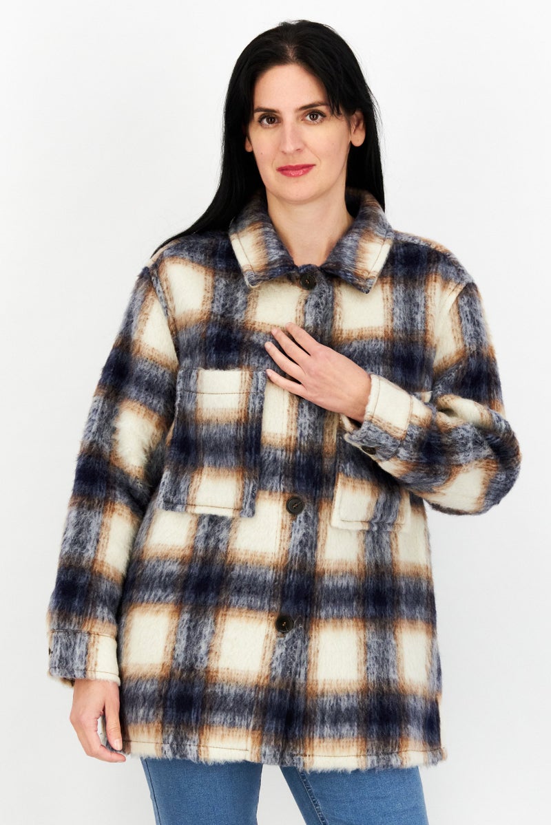 Women Spread Collar Plaid Sweater, Navy/White