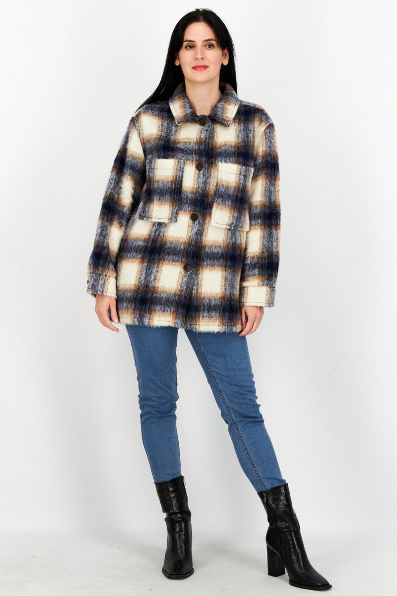 Women Spread Collar Plaid Sweater, Navy/White